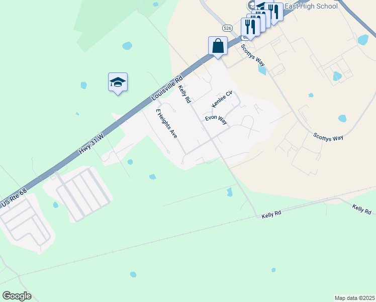 map of restaurants, bars, coffee shops, grocery stores, and more near 231 Kingston Way in Bowling Green