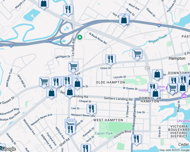map of restaurants, bars, coffee shops, grocery stores, and more near 37 Redwood St in Hampton