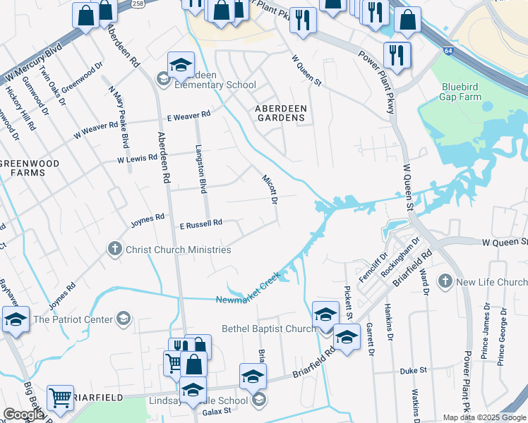 map of restaurants, bars, coffee shops, grocery stores, and more near 1036 Betty Court in Hampton