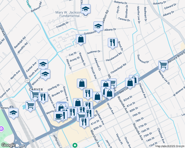 map of restaurants, bars, coffee shops, grocery stores, and more near 8410 Kennedy Drive in Newport News