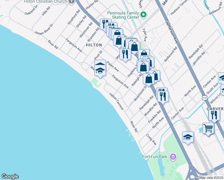 map of restaurants, bars, coffee shops, grocery stores, and more near 205 River Road in Newport News