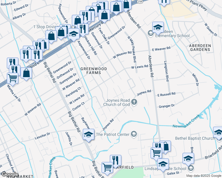 map of restaurants, bars, coffee shops, grocery stores, and more near 1125 Lodi Court in Hampton