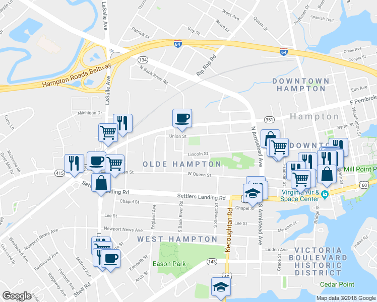map of restaurants, bars, coffee shops, grocery stores, and more near 394 Lincoln Street in Hampton