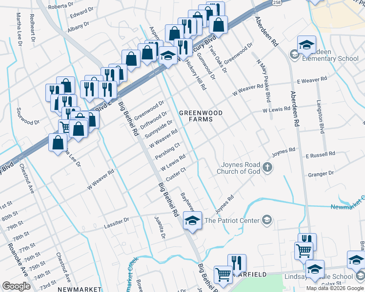 map of restaurants, bars, coffee shops, grocery stores, and more near 3305 Pershing Court in Hampton