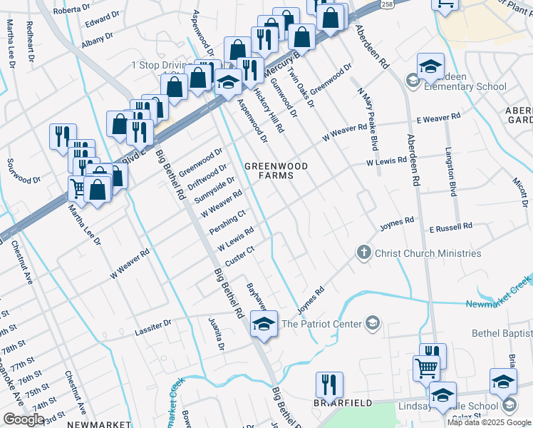 map of restaurants, bars, coffee shops, grocery stores, and more near 510 West Lewis Road in Hampton