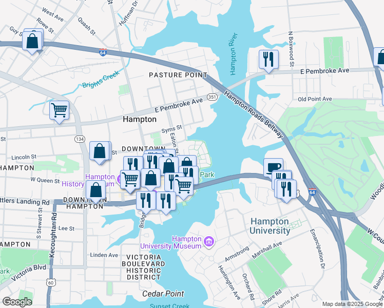 map of restaurants, bars, coffee shops, grocery stores, and more near 255 Mill Point Drive in Hampton