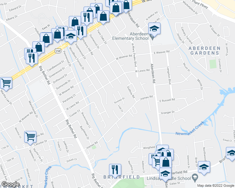 map of restaurants, bars, coffee shops, grocery stores, and more near 105 Dan Leigh Court in Hampton