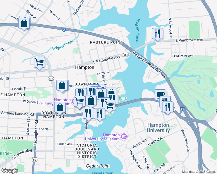 map of restaurants, bars, coffee shops, grocery stores, and more near 255 Mill Point Drive in Hampton