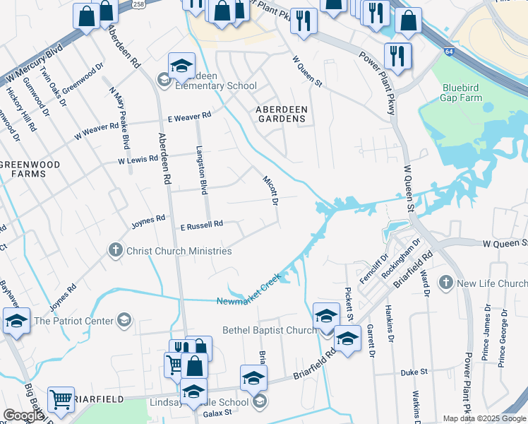 map of restaurants, bars, coffee shops, grocery stores, and more near 1036 Betty Court in Hampton