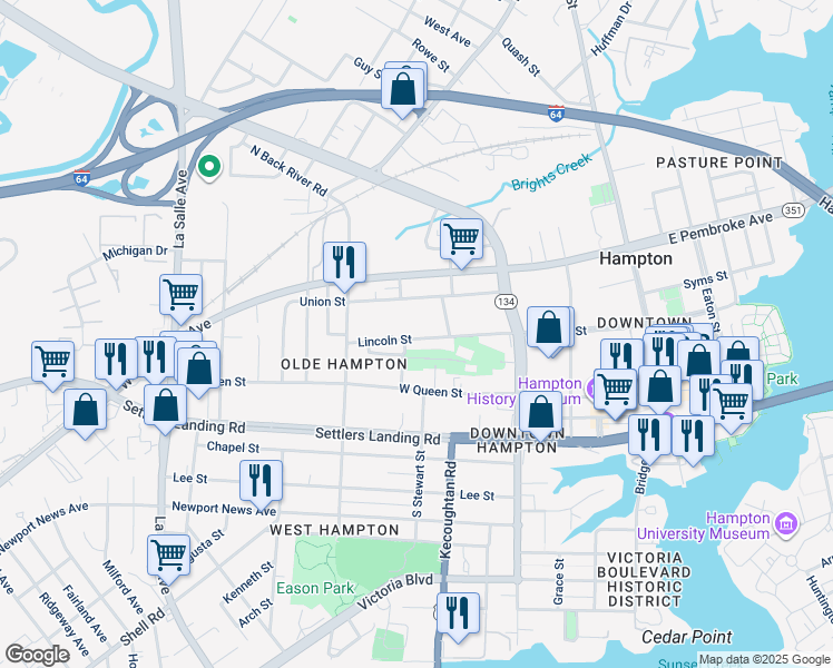 map of restaurants, bars, coffee shops, grocery stores, and more near 338 Lincoln Street in Hampton