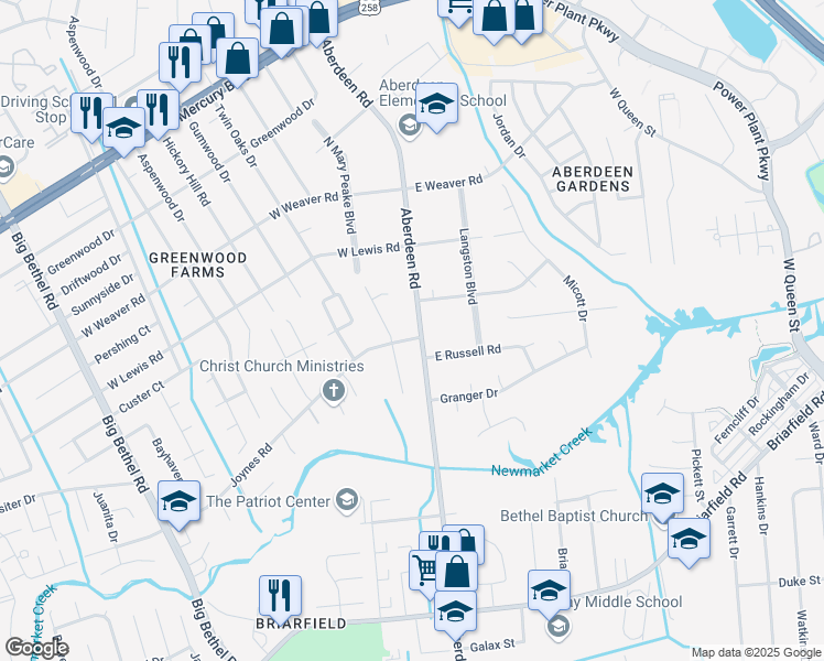 map of restaurants, bars, coffee shops, grocery stores, and more near 1101 Aberdeen Road in Hampton