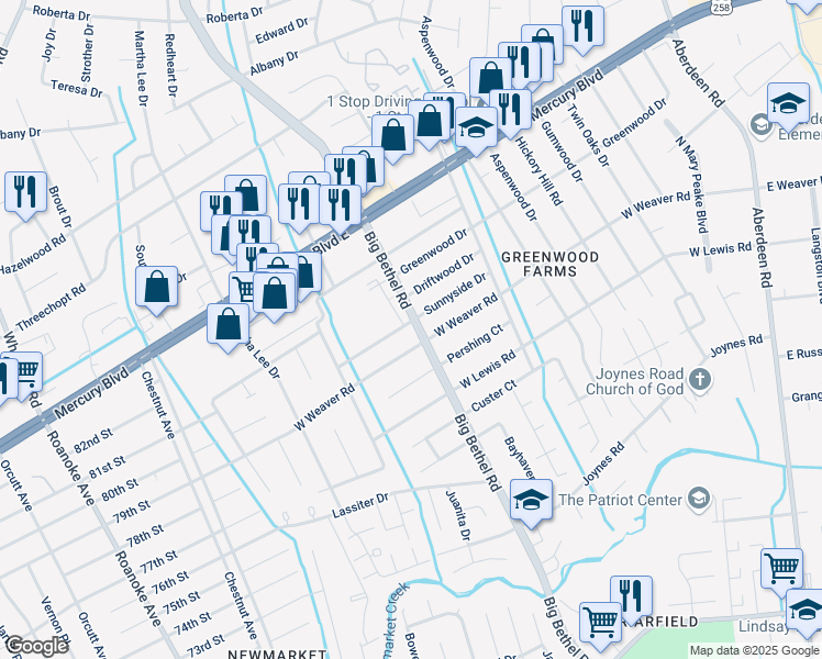 map of restaurants, bars, coffee shops, grocery stores, and more near 3401 Sunnyside Drive in Hampton