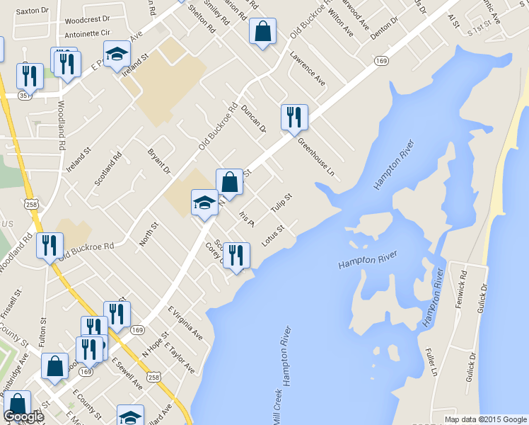 map of restaurants, bars, coffee shops, grocery stores, and more near 120 Primrose Avenue in Hampton