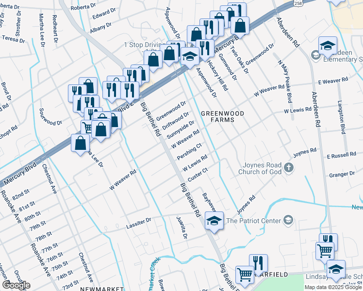 map of restaurants, bars, coffee shops, grocery stores, and more near 3319 West Weaver Road in Hampton