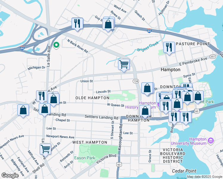 map of restaurants, bars, coffee shops, grocery stores, and more near 338 Lincoln Street in Hampton