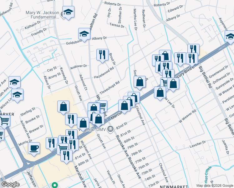 map of restaurants, bars, coffee shops, grocery stores, and more near 337 Kinsmen Way in Hampton