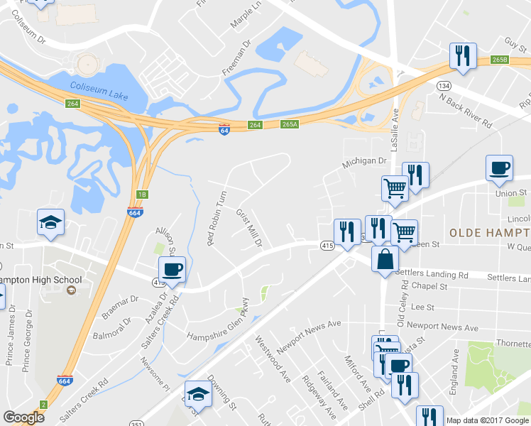 map of restaurants, bars, coffee shops, grocery stores, and more near 14 McDonald Road in Hampton