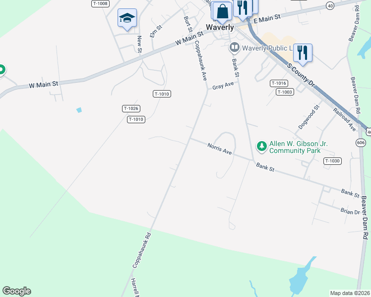 map of restaurants, bars, coffee shops, grocery stores, and more near 313 Coppahaunk Avenue in Waverly