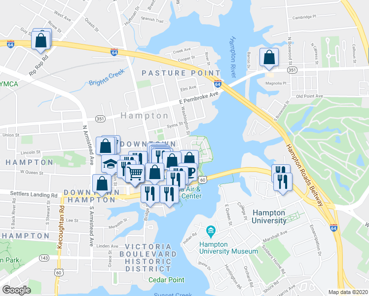 map of restaurants, bars, coffee shops, grocery stores, and more near 255 Mill Point Drive in Hampton