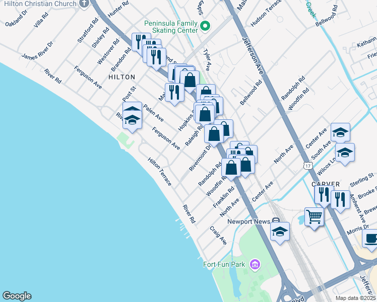 map of restaurants, bars, coffee shops, grocery stores, and more near 62 Raleigh Road in Newport News