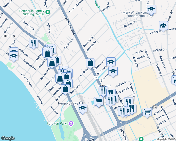 map of restaurants, bars, coffee shops, grocery stores, and more near 622 North Avenue in Newport News