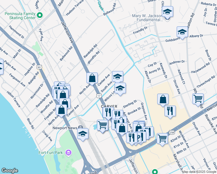 map of restaurants, bars, coffee shops, grocery stores, and more near 722 South Avenue in Newport News