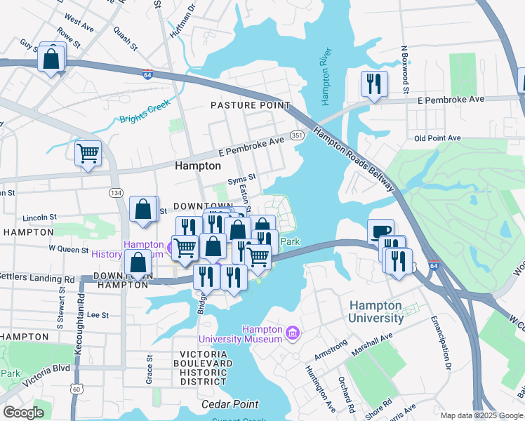 map of restaurants, bars, coffee shops, grocery stores, and more near 38 Miles Cary Mews in Hampton