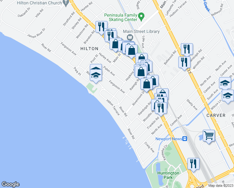 map of restaurants, bars, coffee shops, grocery stores, and more near 48 Hopkins Street in Newport News