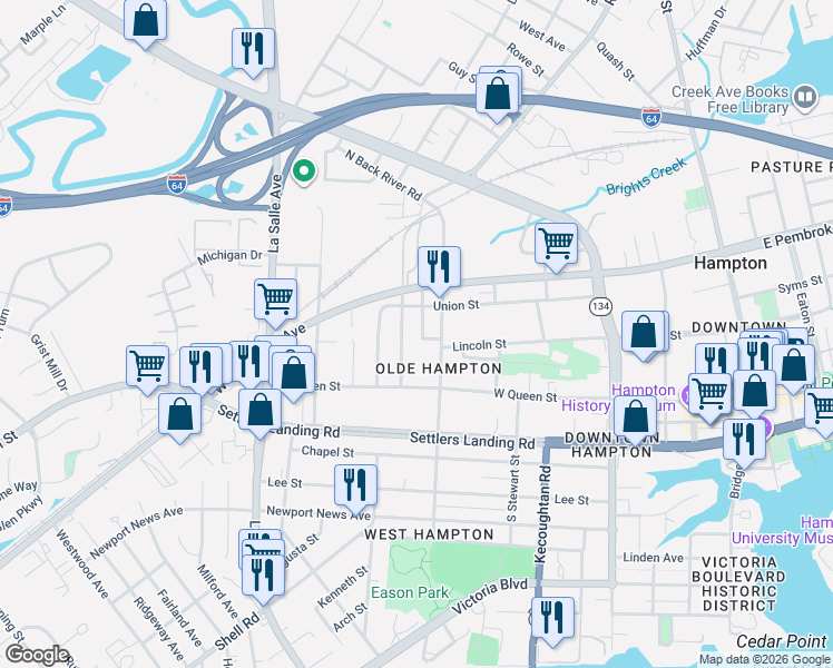 map of restaurants, bars, coffee shops, grocery stores, and more near 407 Lincoln Street in Hampton