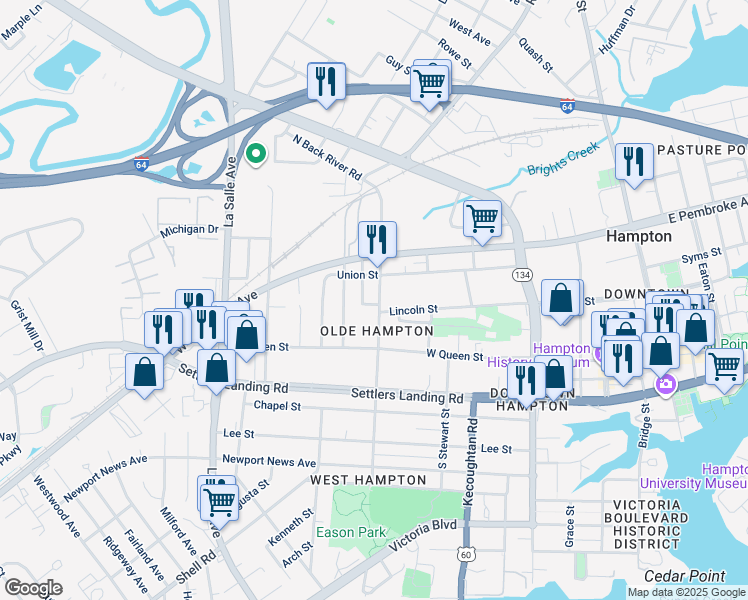 map of restaurants, bars, coffee shops, grocery stores, and more near 215 North Back River Road in Hampton