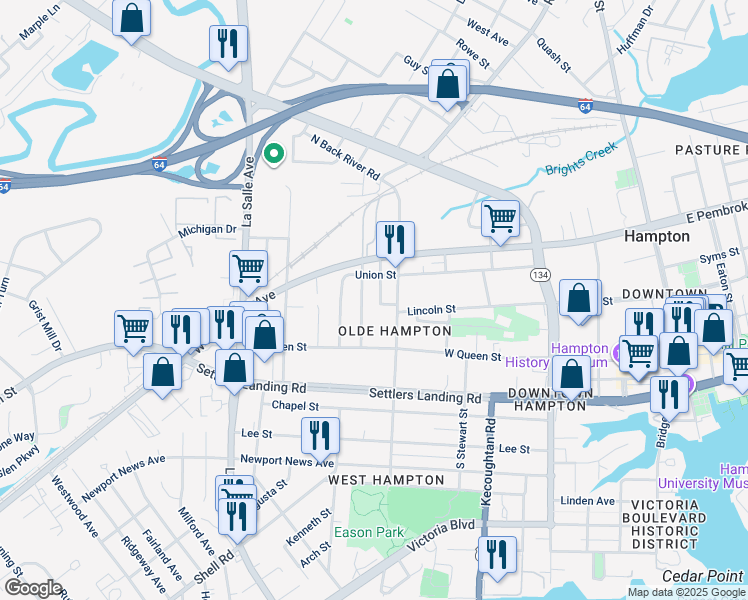 map of restaurants, bars, coffee shops, grocery stores, and more near 101 Dooley Street in Hampton