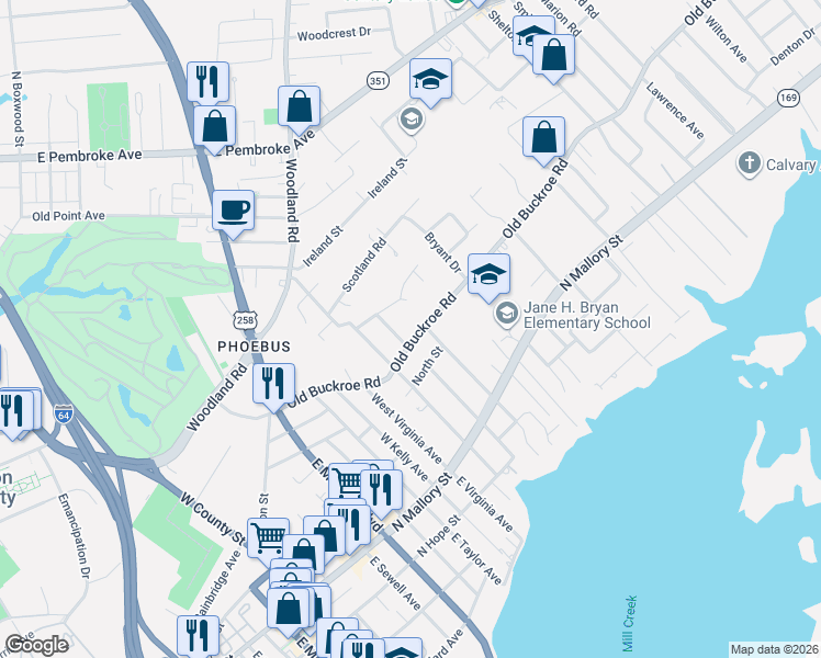 map of restaurants, bars, coffee shops, grocery stores, and more near 732 Old Buckroe Road in Hampton