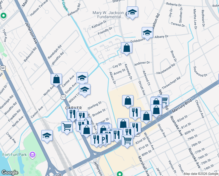 map of restaurants, bars, coffee shops, grocery stores, and more near 5108 Hazelwood Road in Newport News