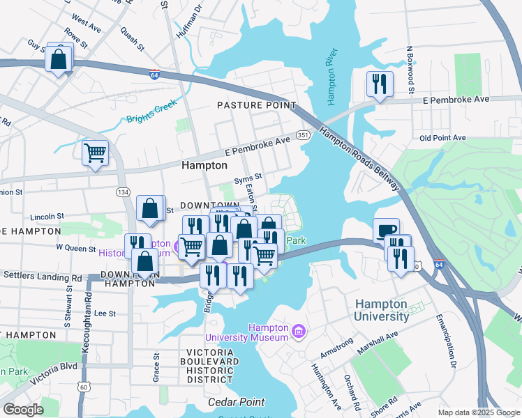 map of restaurants, bars, coffee shops, grocery stores, and more near 43 Miles Cary Mews in Hampton