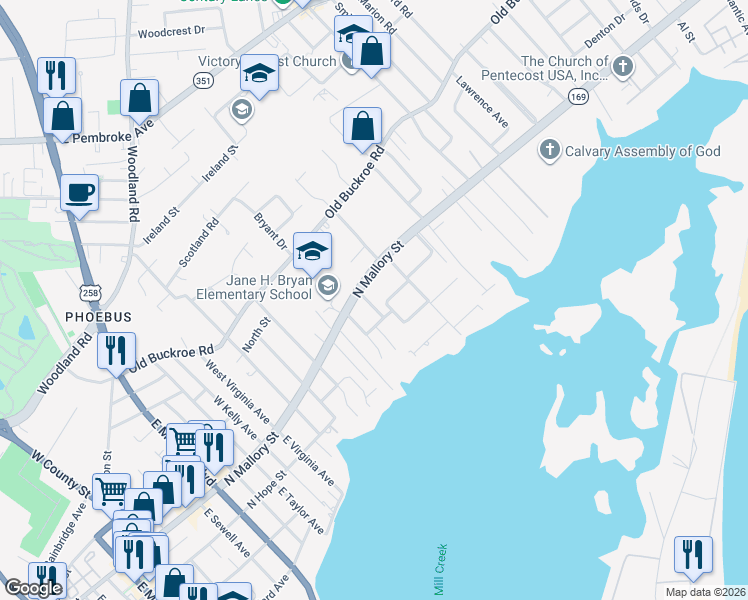 map of restaurants, bars, coffee shops, grocery stores, and more near in Hampton