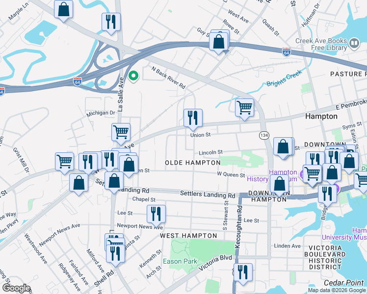 map of restaurants, bars, coffee shops, grocery stores, and more near 407 Lincoln Street in Hampton