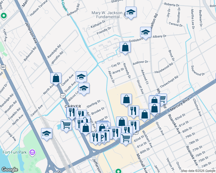 map of restaurants, bars, coffee shops, grocery stores, and more near 5108 Hazelwood Road in Newport News