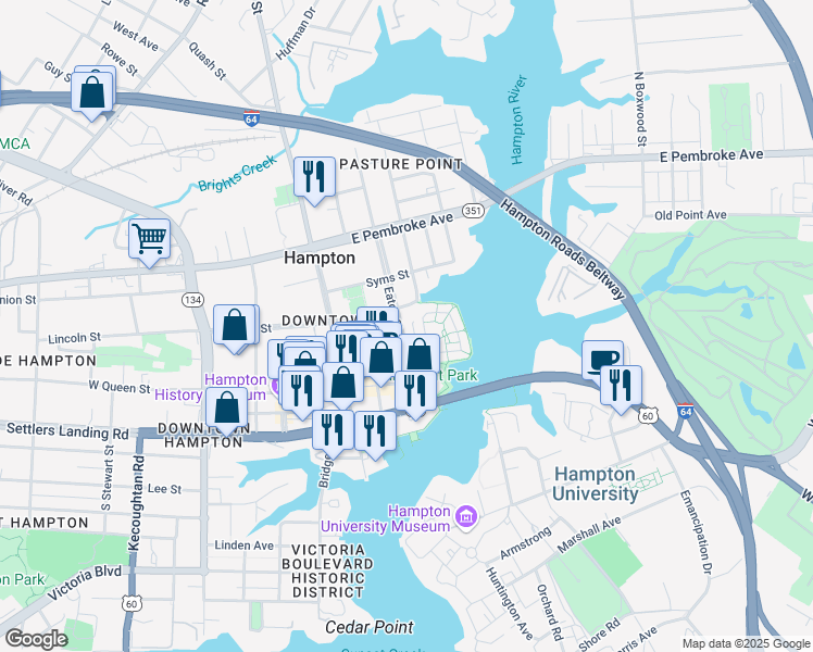 map of restaurants, bars, coffee shops, grocery stores, and more near 45 Miles Cary Mews in Hampton