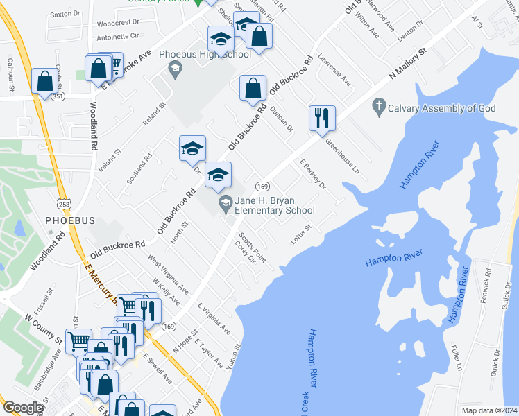 map of restaurants, bars, coffee shops, grocery stores, and more near 7 Central Street in Hampton