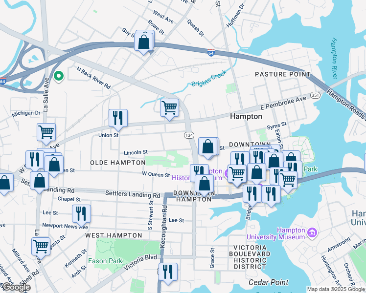 map of restaurants, bars, coffee shops, grocery stores, and more near 218 Lincoln Street in Hampton