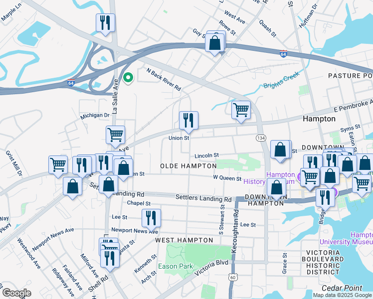 map of restaurants, bars, coffee shops, grocery stores, and more near 215 North Back River Road in Hampton