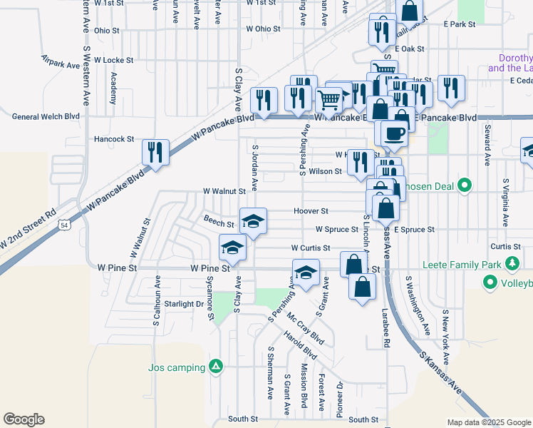 map of restaurants, bars, coffee shops, grocery stores, and more near 218 Hoover Street in Liberal