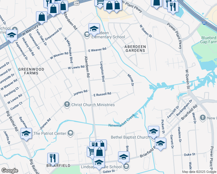 map of restaurants, bars, coffee shops, grocery stores, and more near 8 Langston Boulevard in Hampton