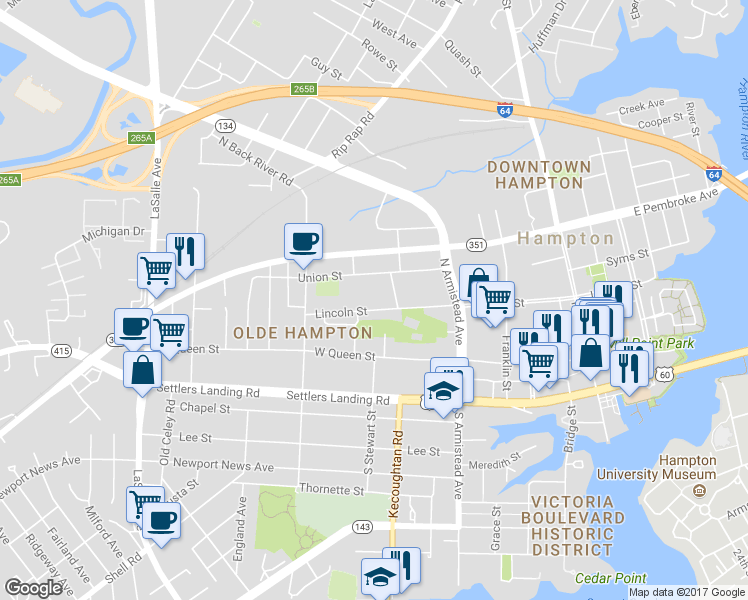 map of restaurants, bars, coffee shops, grocery stores, and more near 330 Lincoln Street in Hampton