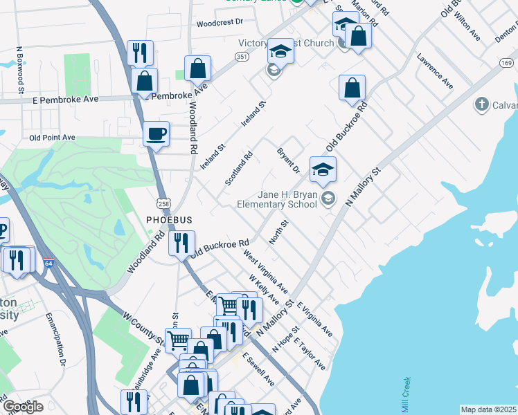 map of restaurants, bars, coffee shops, grocery stores, and more near 6 Douglas Street in Hampton