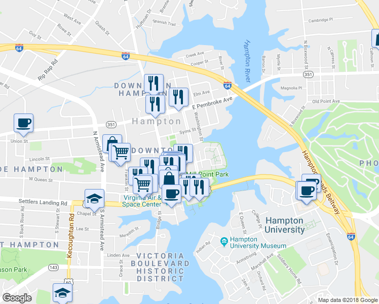 map of restaurants, bars, coffee shops, grocery stores, and more near 8 Academy Lane in Hampton