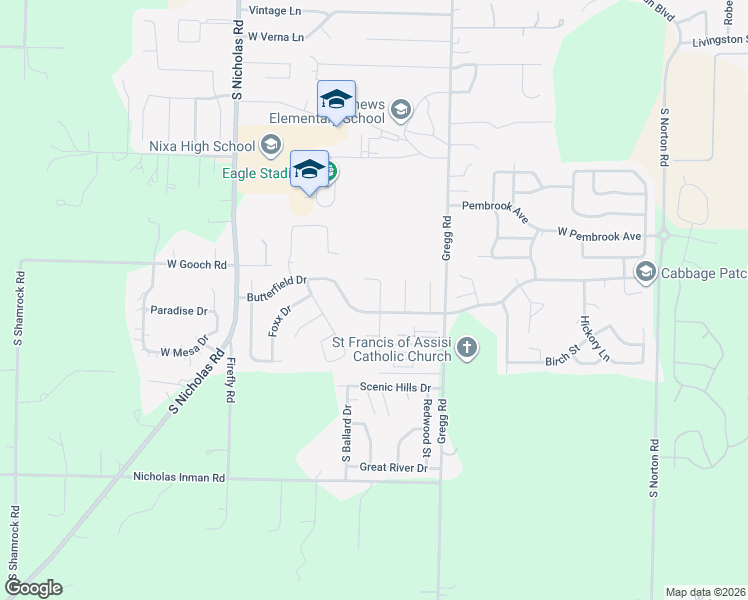 map of restaurants, bars, coffee shops, grocery stores, and more near 711 South Pinewood Lane in Nixa