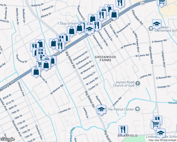 map of restaurants, bars, coffee shops, grocery stores, and more near 3319 West Weaver Road in Hampton