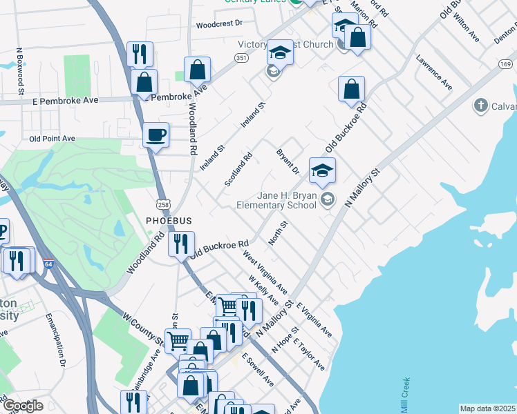 map of restaurants, bars, coffee shops, grocery stores, and more near 6 Douglas Street in Hampton