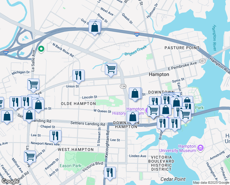 map of restaurants, bars, coffee shops, grocery stores, and more near 238 Lincoln Street in Hampton